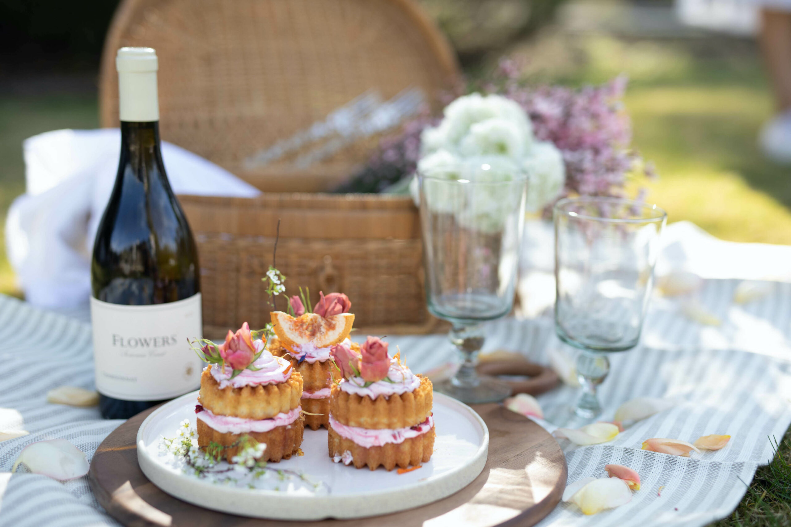 Spring Picnic with wine and cakes